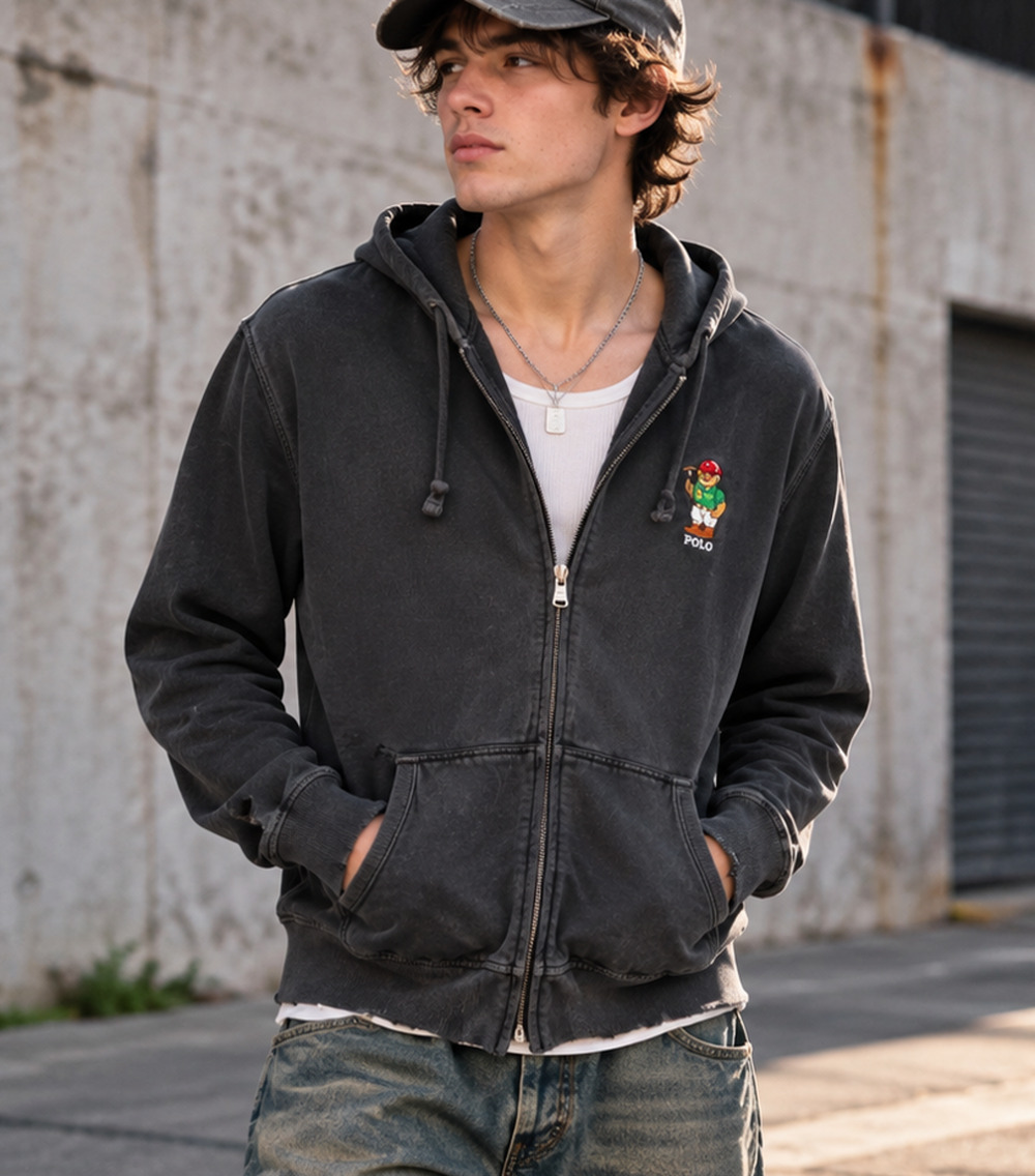 VTG Polo Ralph Lauren Polo Bear Full Zip Hoodie Sz M FLAWED Y2K Outdoor Preppy